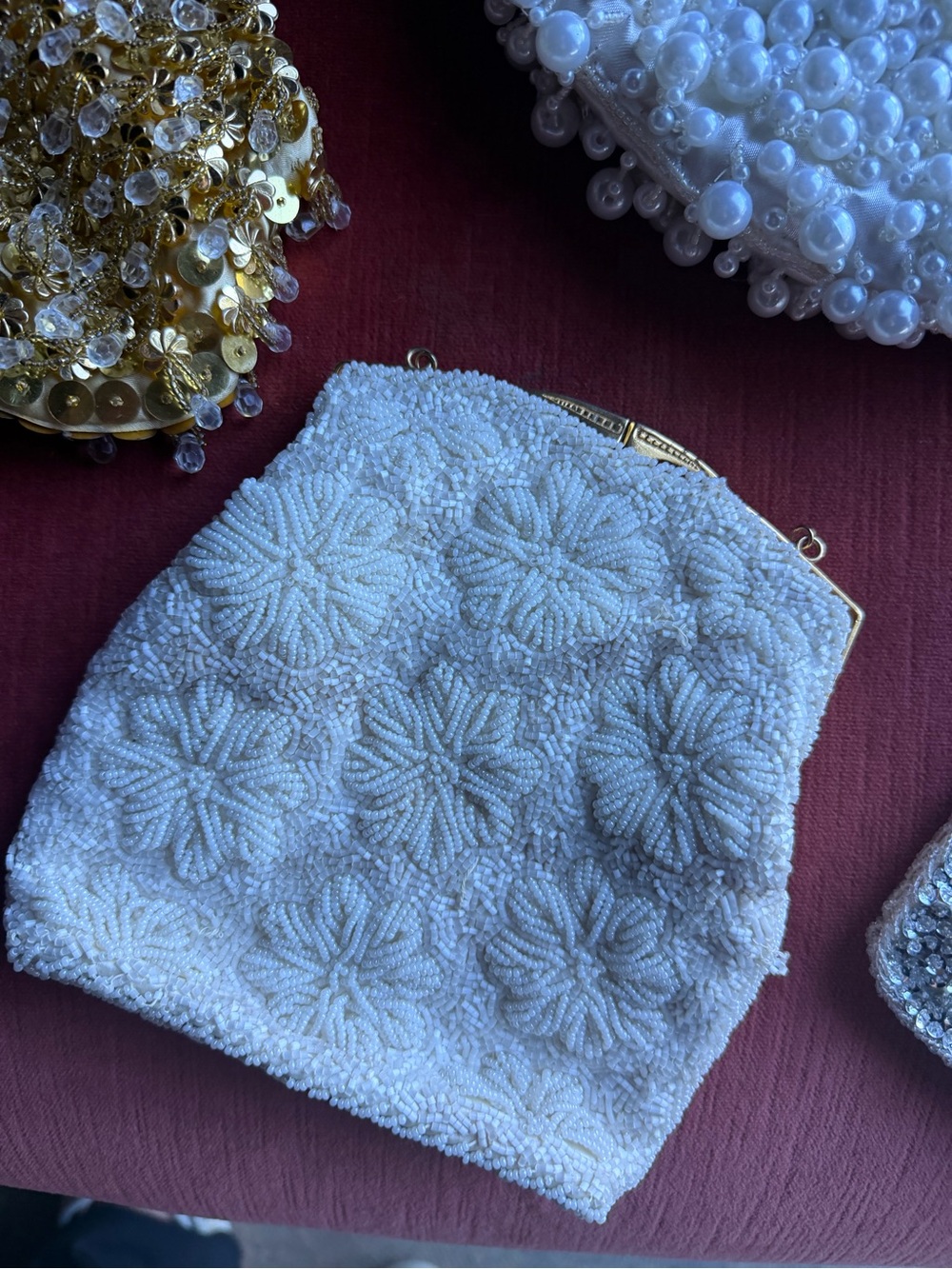 Ivory Satin Clutch with Gold Chain vintage beaded 3 bags